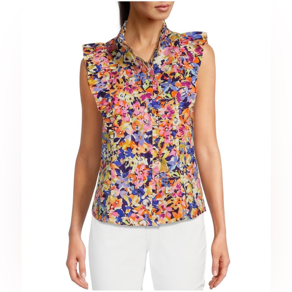 Tyler‎ Boe Floral Ruffle Trim Button Up Sleeveless Top Cottagecore Preppy Luxury